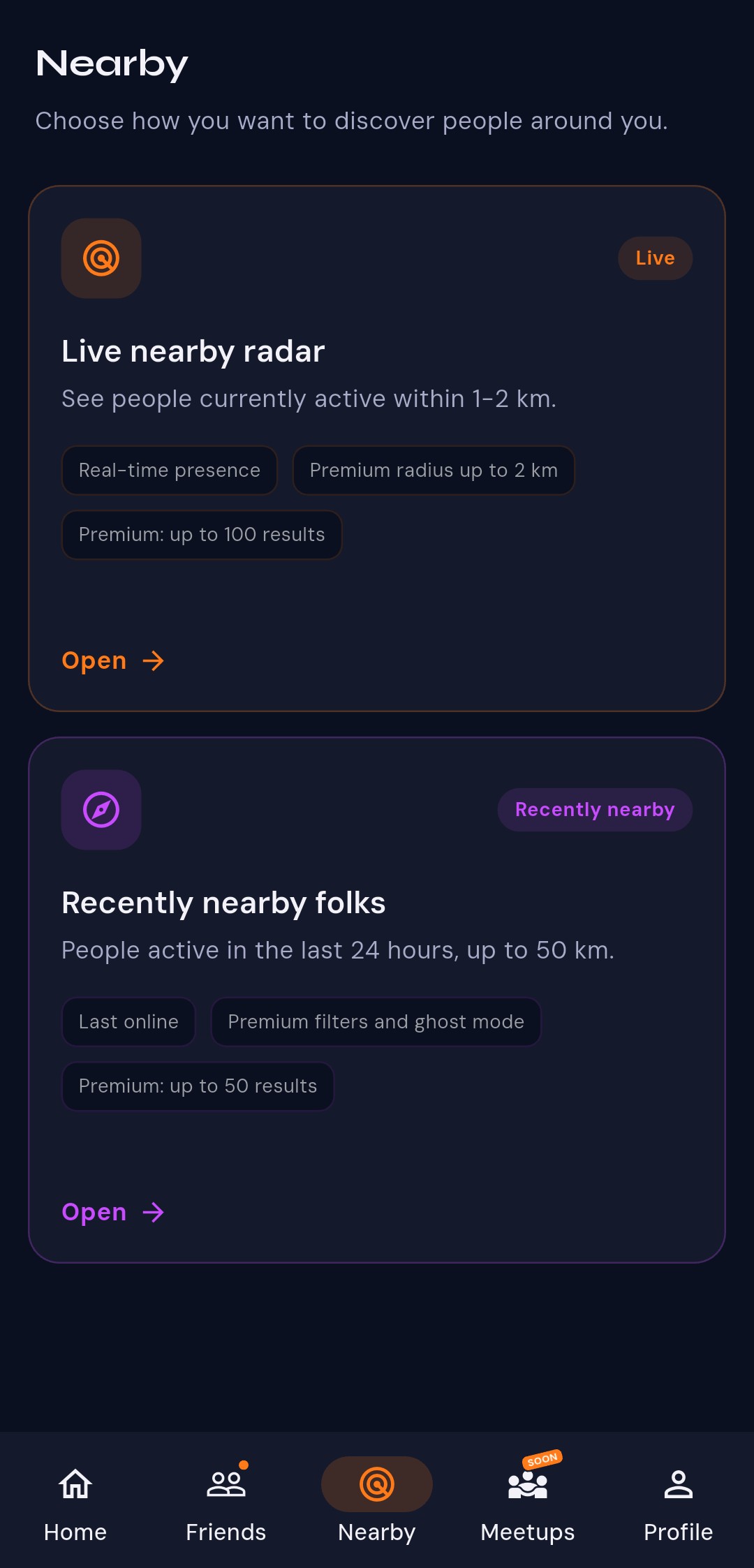 Nearby Folk nearby discovery app screen
