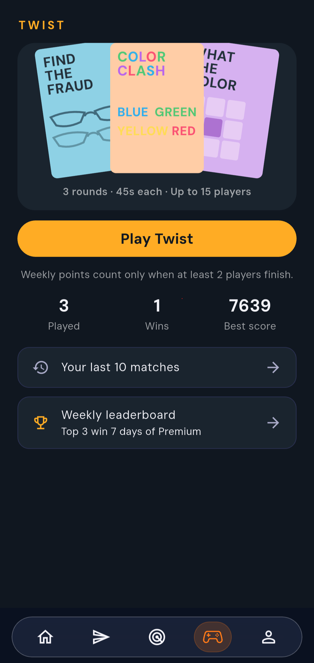 Twist game screen with mini-game cards, a 15-player lobby, and weekly scores