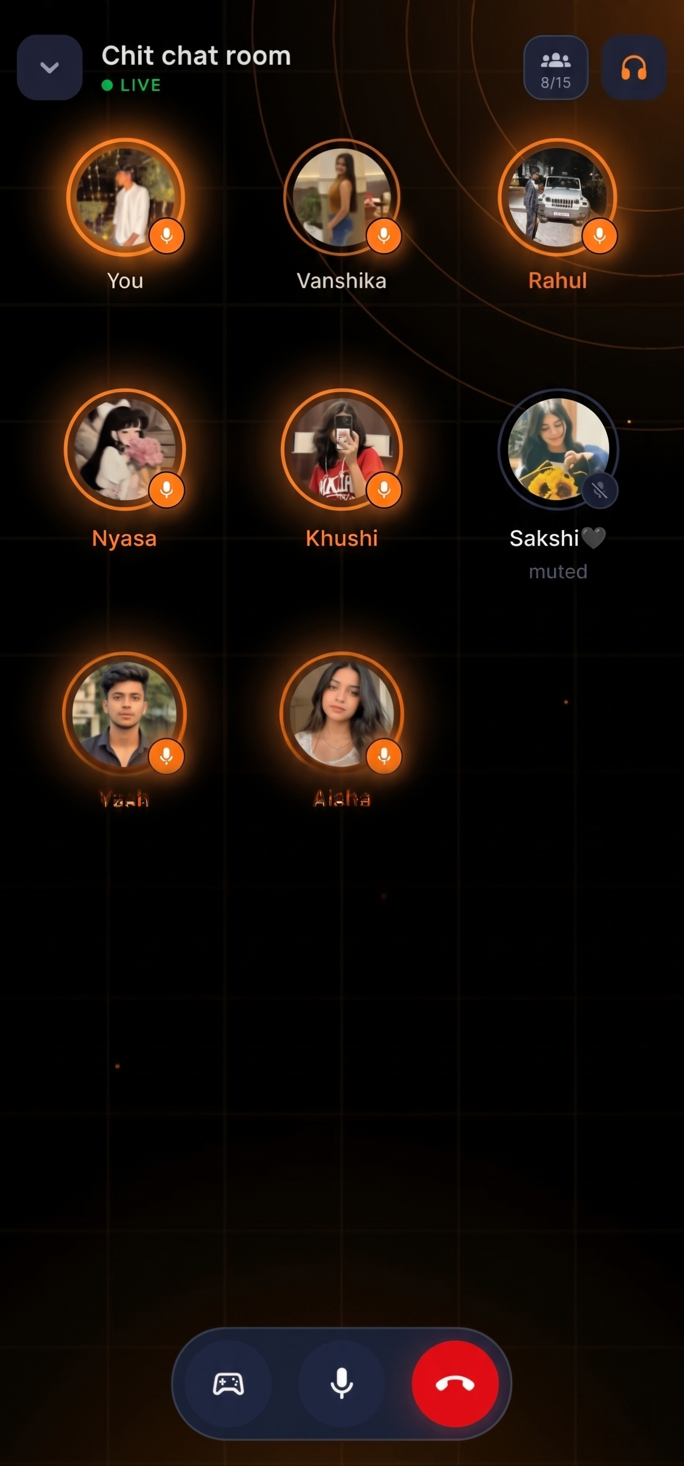 Nearby Folk live voice room with participant grid and call controls